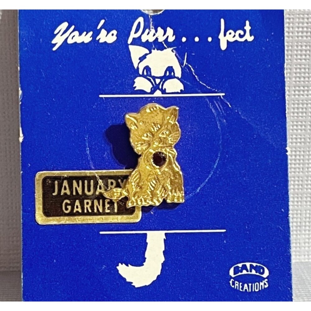 Vintage Kitten Lapel Pin Gold Tone January Birthstone Faux Garnet 5/8" Cat Tiny
